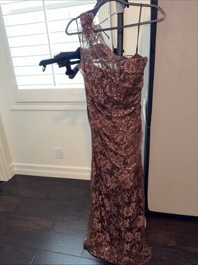 David Meister Chocolate Lace One-Shoulder Gown
